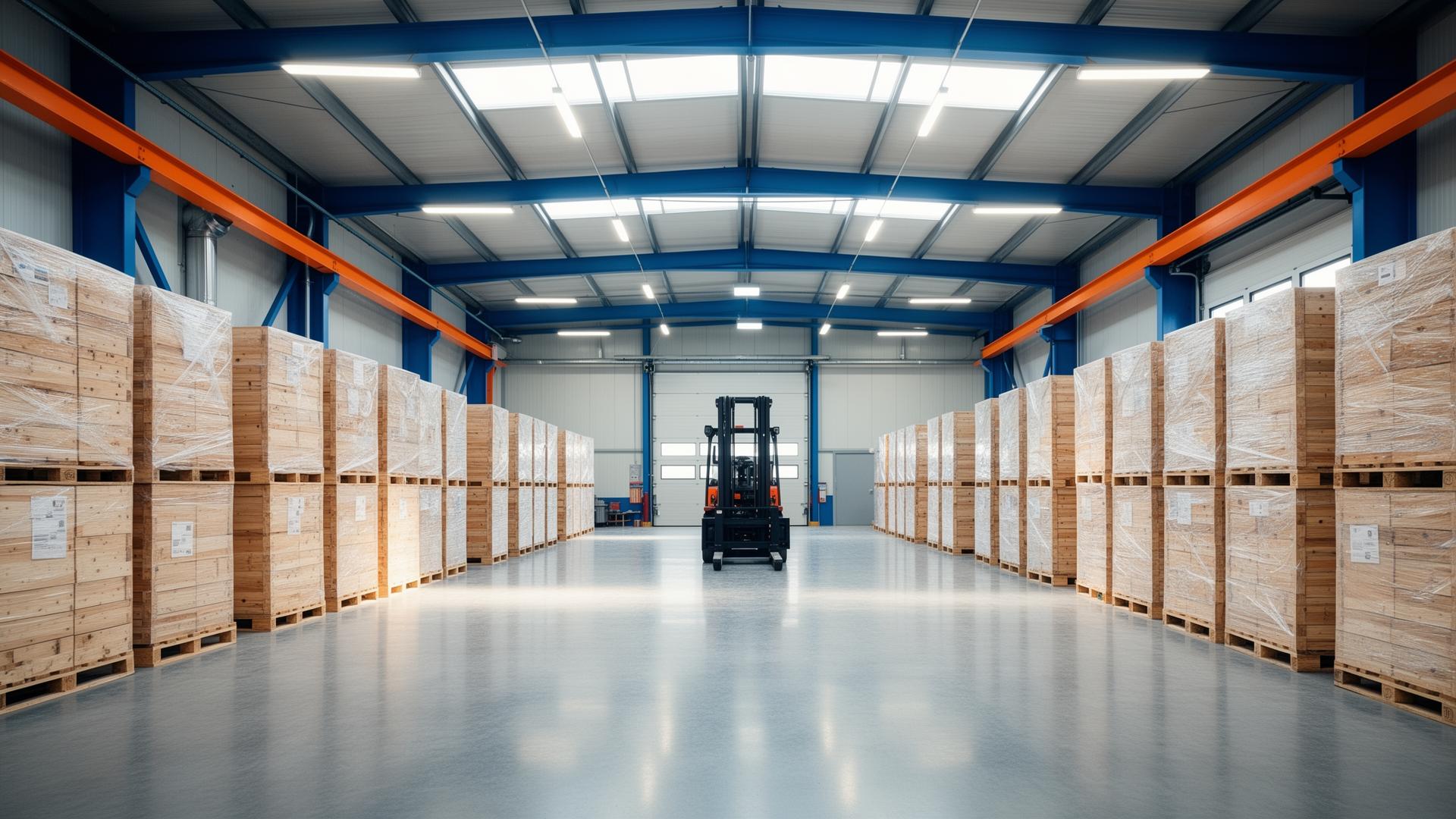 Modern warehouse interior with stacked pallets and a forklift